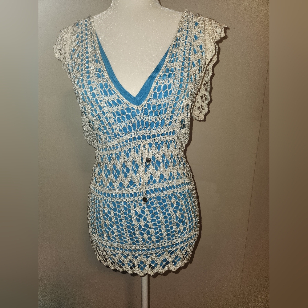 Vintage White House Black Market Medium M White Crochet Knit Tunic Top Coverup - Picture 2 of 12